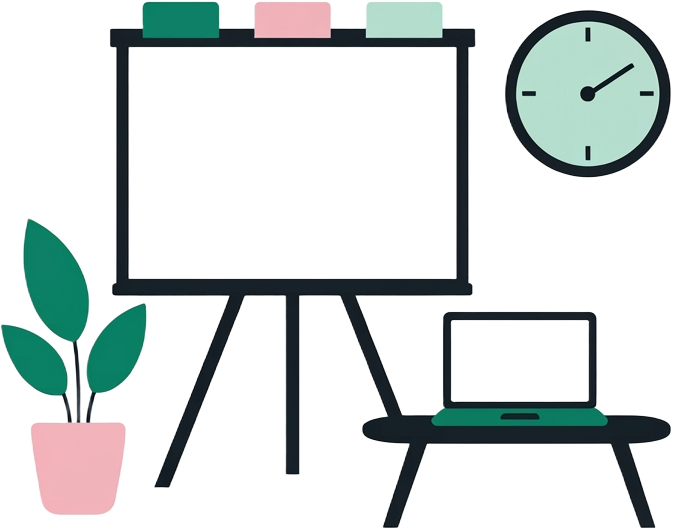 Tableau de présentation, horloge et ordinateur portable posé sur une table