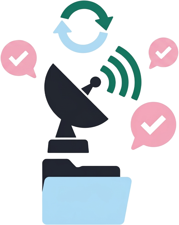 Antenne qui émet des ondes au-dessus d'un dossier, avec une flèche de mise à jour et une bulle de confirmation